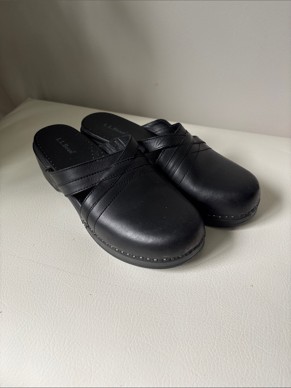 L.L. Bean Black Leather Slip-On Clogs